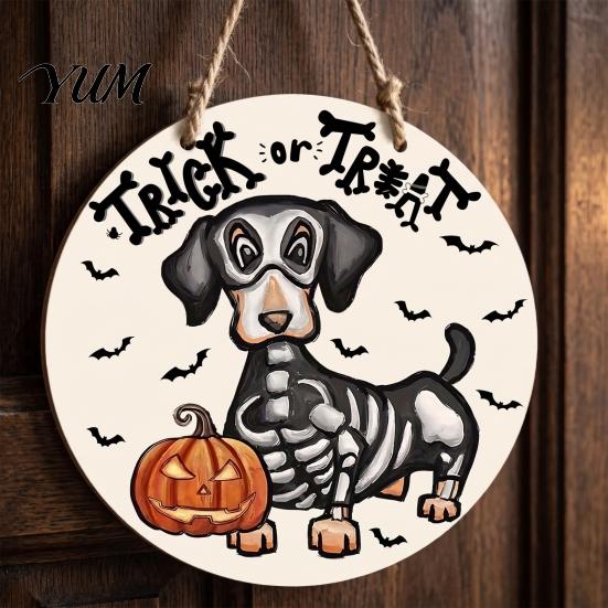 Indoor Halloween Wall Art Dachshund Hanging Sign, Spooky Skeleton Dog Trick or Treat Wooden Festive Seasonal Door Hanger with Pumpkin Bat Pattern,