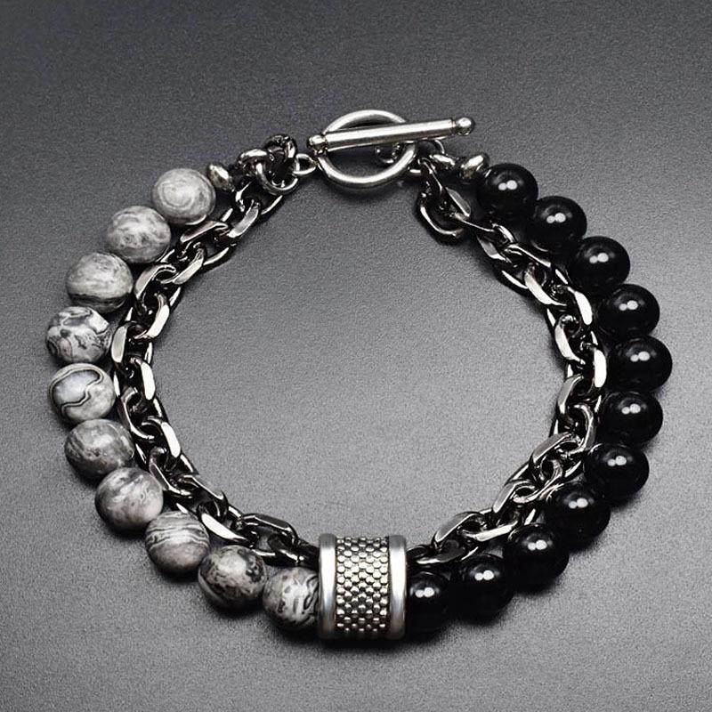 New Black White Stone Men's Bracelets Double Chain Link Stainless Steel Beaded Bracelets Bangle Male Jewelry