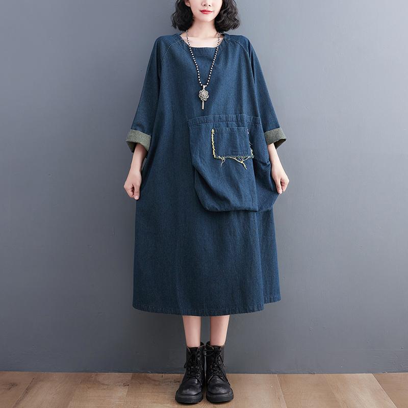 DIMANAF 2023 женское летнее платье больших размеров однотонное модное повседневное джинсовое базовое длинное платье хлопковое винтажное свободное синее платье