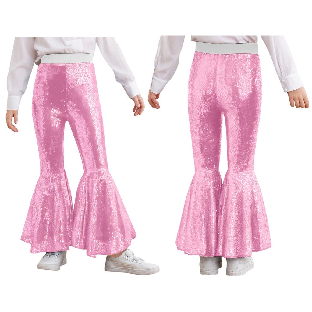 Привлекательные расклешенные танцевальные брюки для девочек: Дизайн с блестящими пайетками по всей длине ноги и эластичным поясом для свободы движений