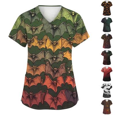 Женская модная рабочая униформа с V-образным вырезом и короткими рукавами, с карманами, топ с принтом на Хэллоуин