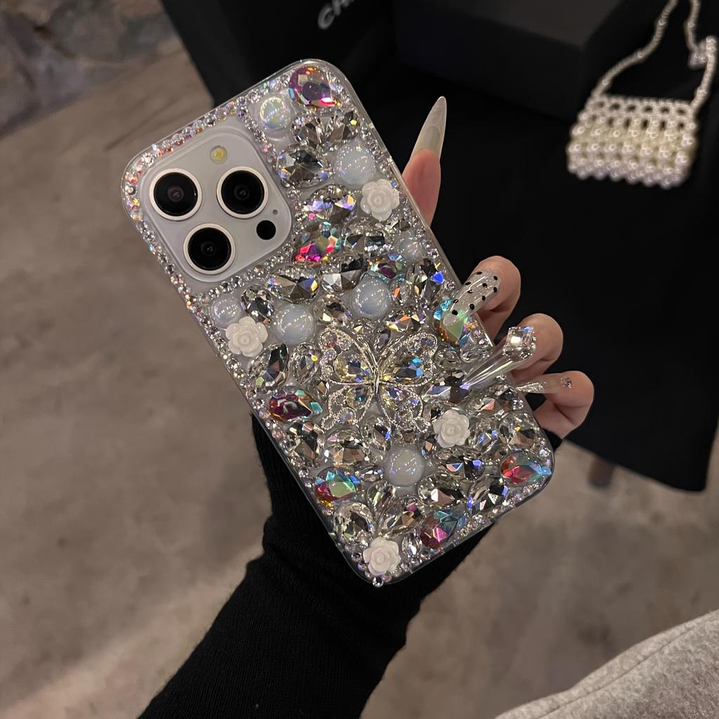 Роскошный женский чехол-браслет с изображением бабочки-камелии на весь экран со стразами для iPhone 16,15,14,13,11,12 Plus, Pro и Pro Max