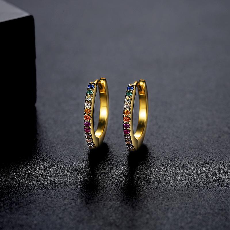 LUOTEEMI Rainbow CZ Paved Woman Diamond Jewelry 14K Gold Zircon Plated Huggie Hoop Earring