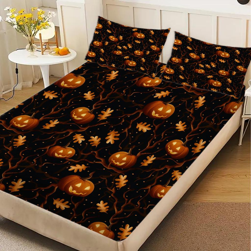 3pcs Fitted Sheet Set Evil Pumpkin Maple Leaf Print Polyester Breathable Bedding Set for Home Halloween Decor with 2 Pillowcases