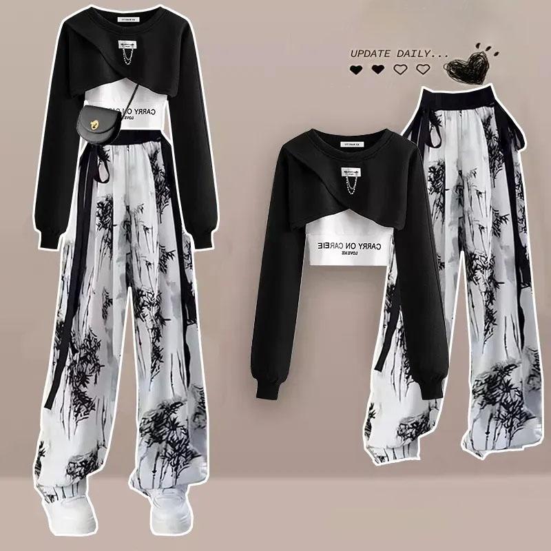 Весенне-осенний комплект, женский корейский свободный модный топ, повседневные брюки, комплект из трех предметов