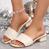 Модные блестящие сандалии на толстом каблуке с пайетками для женщин 2025 летняя мода квадратный носок женские шлепанцы большой размер 42 комфортные уличные шлепанцы