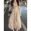 Elegant Sweet Fairy Dress Women Spring Summer Long Sleeve Midi Dress Korean Fashion Vintage Solid Color High Waist A Line Dress