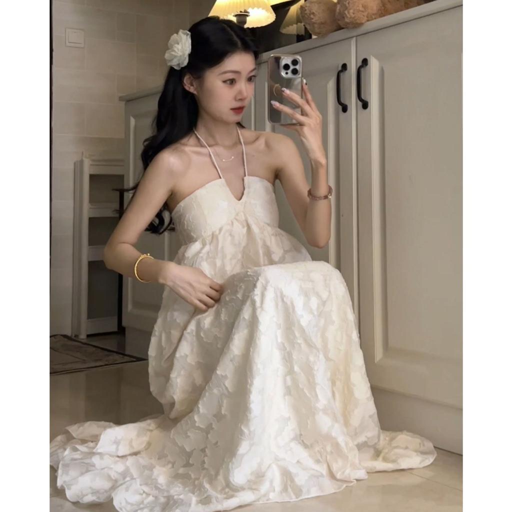 New French neck dress women's seaside photo shoot holiday halter dress super fairy loose a-word skirt