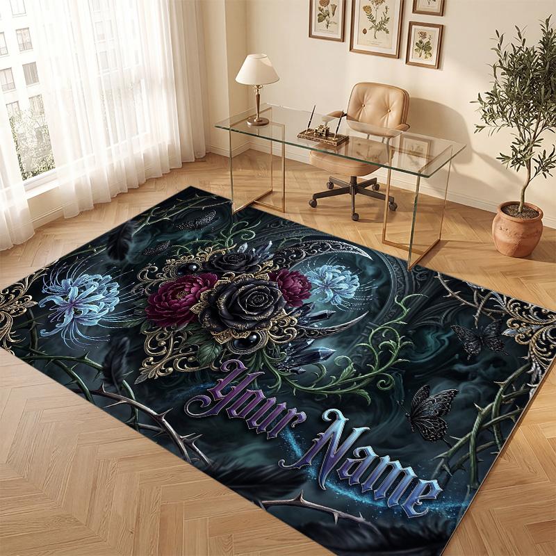 Skull Gothic Theme Soft Crystal Velvet Rug Custom Name & Text Print Non Slip Floor Rug for Bedroom Living Room