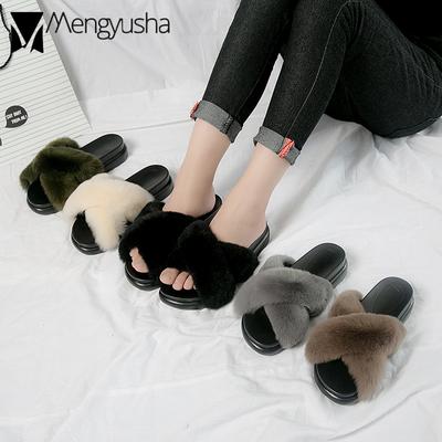 Модные удобные туфли из кроличьей шерсти на плоской подошве с перекрестными ремнями и толстой подошвой на платформе, женские хлопковые тапочки, женские меховые туфли с открытым носком