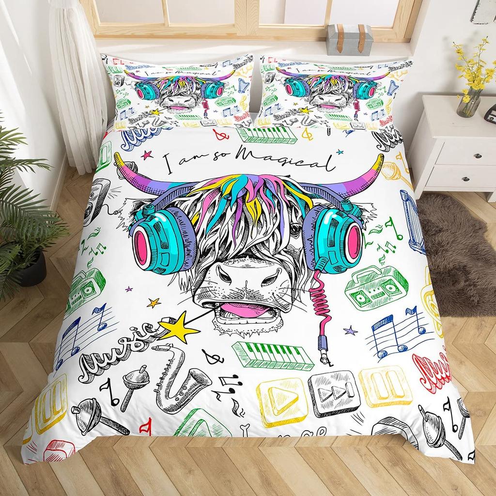 Пододеяльник Король Королева Хайлендская корова Комплект постельного белья Бык для взрослых Крупный рогатый скот 2/3 предмета Покрывало Фермерское животное Полиэстер