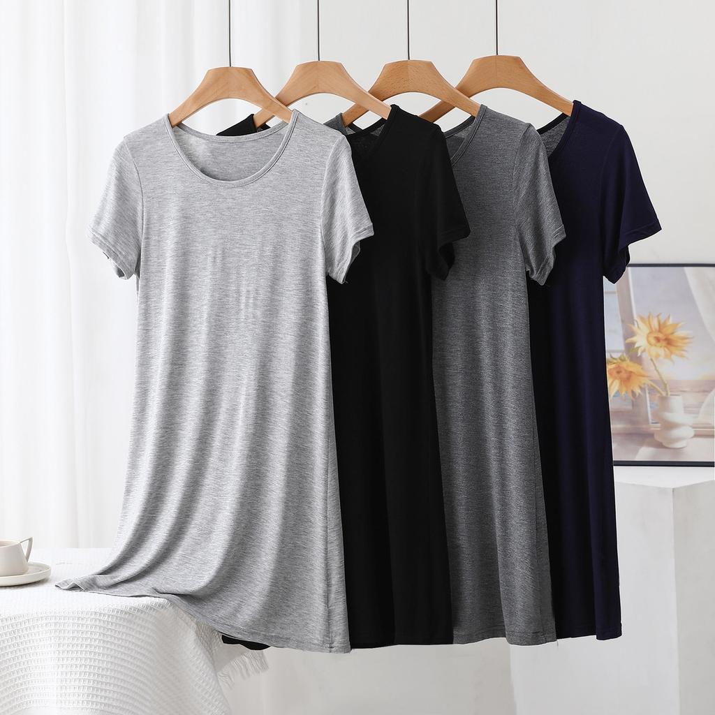 Women's Summer Solid Color Loose Slimming Modal Mid-Length Dress with Round Neck and Short Sleeves