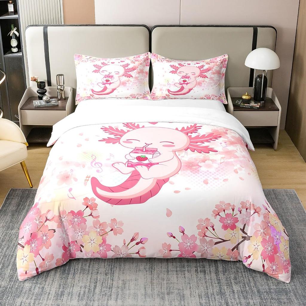 Cartoon Axolotl Bedding Set Twin Full Size Cute Ocean Animal Duvet Cover with 2 Pillow Sham Pink Comforter Cover Set Decorative