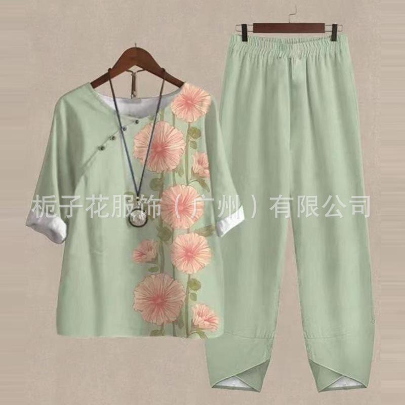 Europe beautiful women casual suit popular fashion summer new five-quarter sleeve printed top pants two-piece set