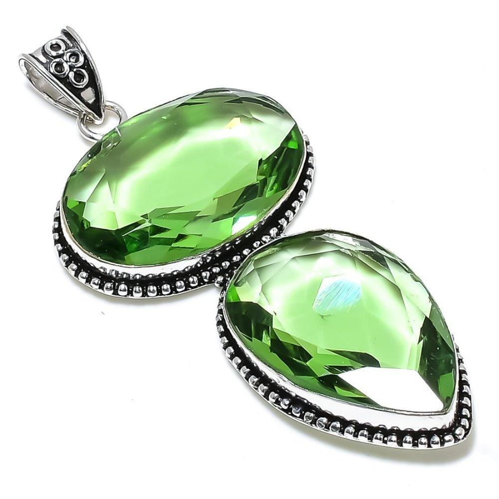 Green Amethyst Gemstone Handmade 925 Sterling Silver Jewelry Pendant 3.55" g8C27