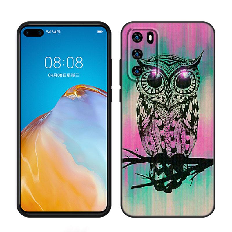 Lovely Animal Owl Black Silicone Phone Case For Huawei P10 P20 P30 P40 Lite P50 P60 Art P50E P Smart Z 2018 2020 2021 Pro 2019