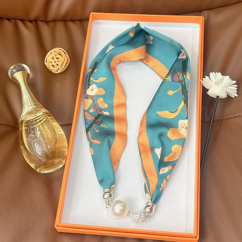 Silk Scarf Women's Spring, Autumn and Summer New Fashion Neck Protection Decoration Long Necklace Type Magnetic Buckle Scarf Small Scarf