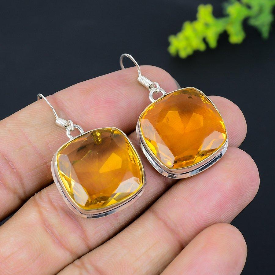 Цитрин Драгоценный камень 925 Стерлинговое серебро Подарок Ювелирное изделие Серьга 1.58"