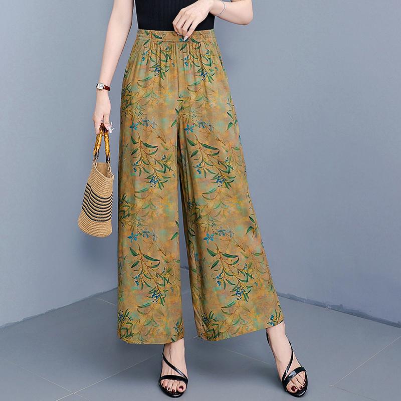 Элегантные летние брюки с высокой талией для женщин, повседневные широкие брюки с эластичной талией, винтажная одежда больших размеров