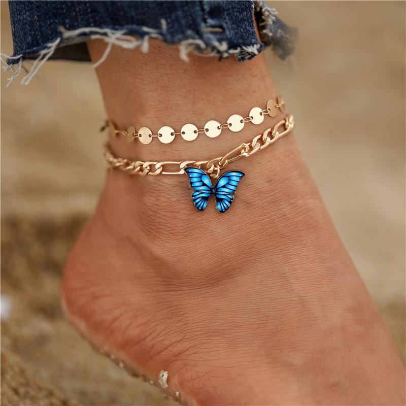 iF ME Богемный золотой цвет, многослойные браслеты с кристаллами и бабочками для женщин, жемчужные бусины, пляжный браслет на щиколотке, цепочка для ног, ювелирные изделия