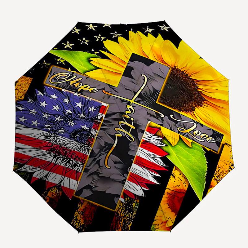 Flag Sunflower- Automatic Umbrella, Four Seasons Portable Folding Umbrella, Suitable for Men and Women, Travel, Daily Compact Umbrella, Outd