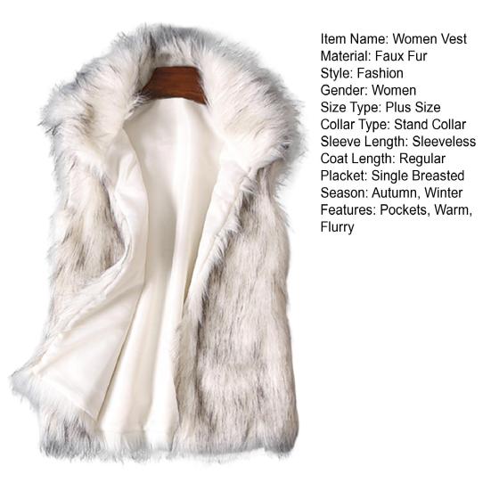 Stand Collar Sleeveless Pockets Single-breasted Women Autumn Winter Vest Thickened Faux Fur Waistcoat