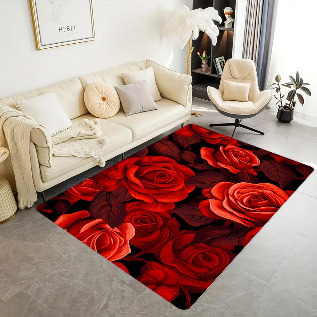 Elegant Red Rose Floral Print Floor Mat, Soft Comfortable Washable Area Rug for Living Room Bedroom Garden, Artistic Home Decor