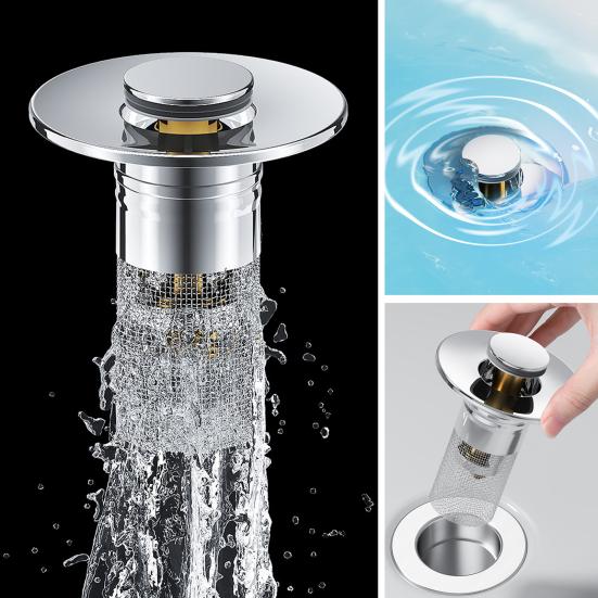 Pop-Up Sink Stopper for 1.1-1.45 Inch Upgraded 2-in-1 Design with Removable Stainless Steel Basket Hair Catcher Easy Install Clean Bathroom Sink