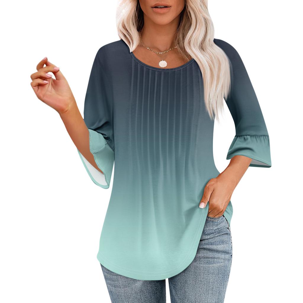 Women's 3/4 Bell Sleeve Tops O-Neck Summer Pleated Shirts Trendy Dressy Casual Loose Fit Tunic Blouses