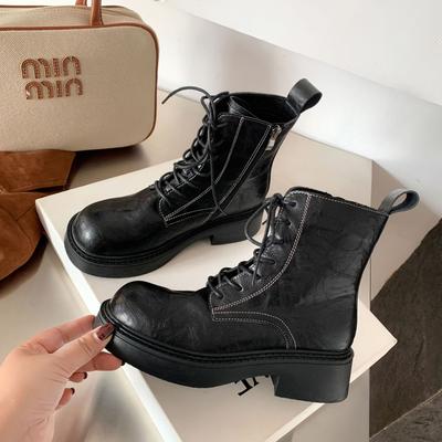 Вымытая коровья кожа~ Небольшой внутренний подъем ремешок толстый каблук ботинки Мартин женские осень и зима ретро стиль толстая подошва короткие ботинки