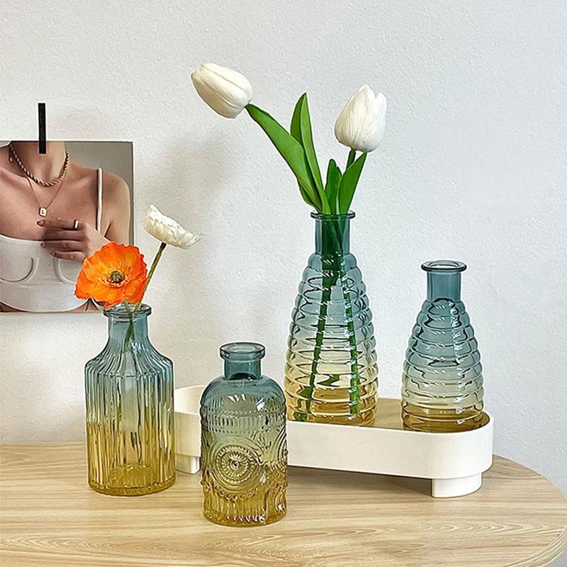 European Roman Relief Art Glass Vase Retro Transparent Glass Vase Mini Flower Bottle Hydroponic Systems Room Home Decoration