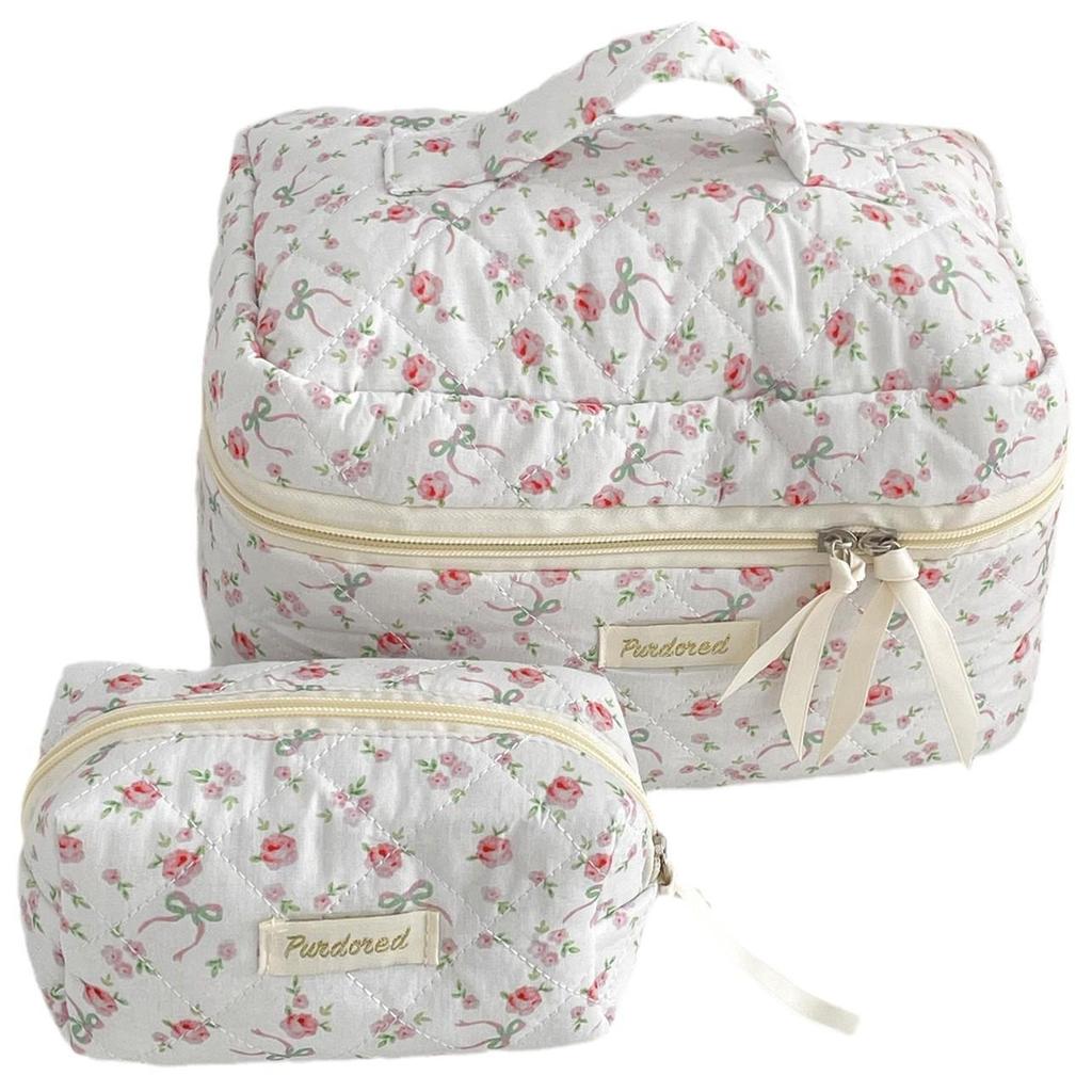 Rose Bow Floral Makeup Bag - Portable, Fresh Design, Perfect for Travel and Storage