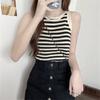 Летняя корейская полосатая трикотажная майка женская с круглым вырезом без рукавов облегающая