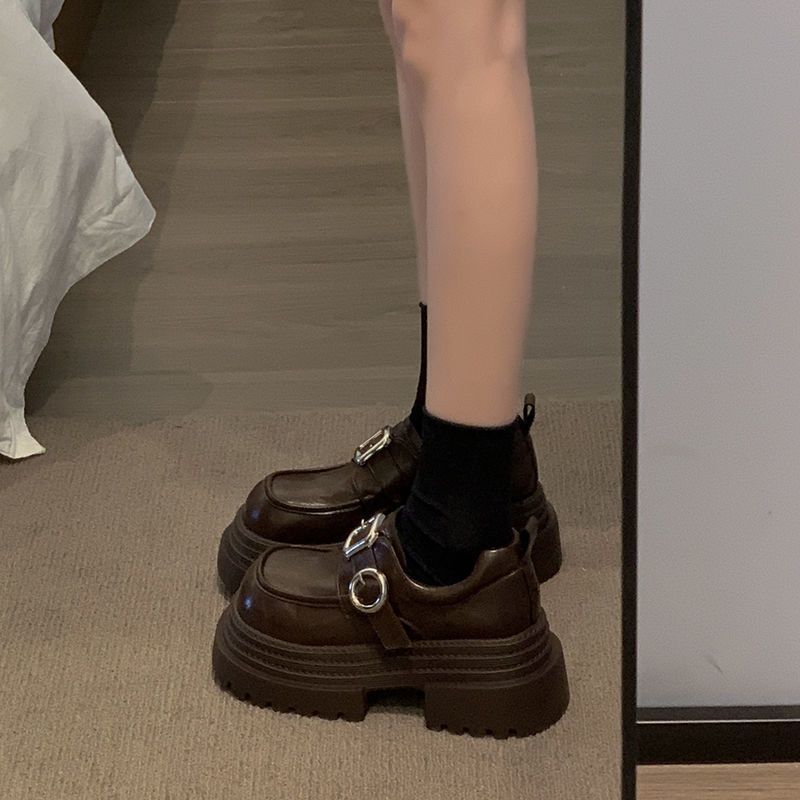 British Style with Skirt Thick Sole Heightening Small Leather Shoes Women's 2024 Autumn and Winter New French Retro Versatile Loafers Tide