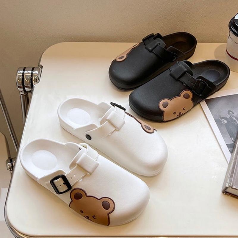 Летние женские сандалии, тапочки на толстой подошве, домашние шлепанцы, уличные милые тапочки с медвежонком, пляжные удобные туфли с пряжкой, женские туфли без каблуков