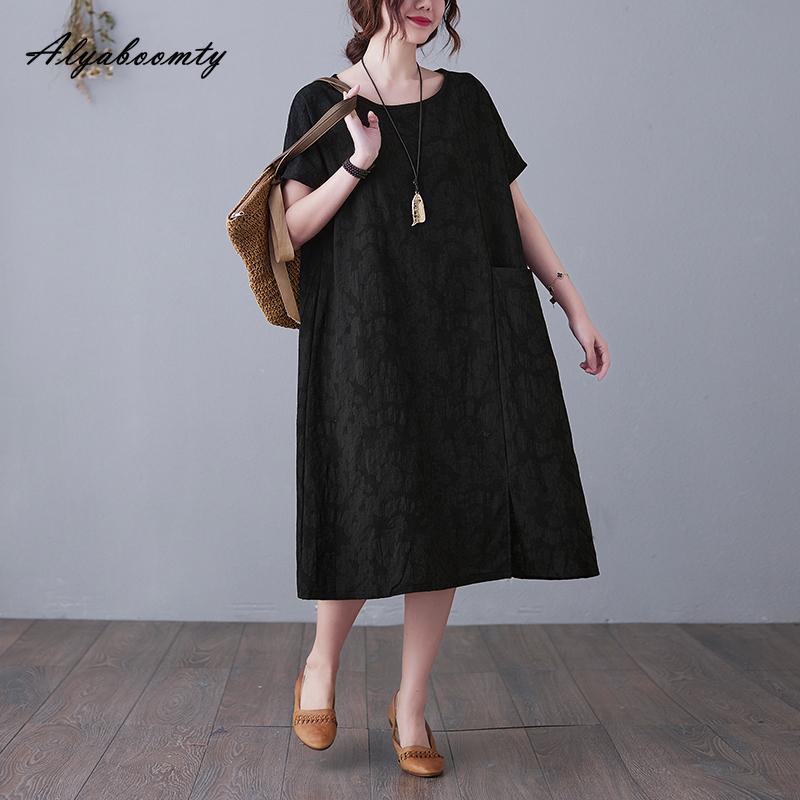 Плюс Размер Лето Женское Однотонное Платье А-силуэта Короткое Платье С О-образным Вырезом Красное Темно-синее Черное Зеленое Платье С Разрезом Жаккардовое Хлопковое Свободное Платье С Карманом
