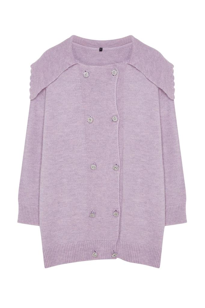 Женский модный стильный кардиган в стиле хиджаб, сиреневый мягкий текстурированный вязаный кардиган на пуговицах с камнями