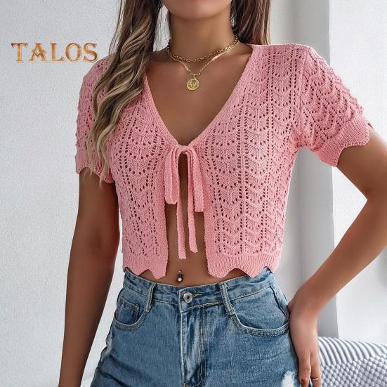 Women Crochet Tops Short Sleeve Lace-up Hollow Design Knitting Tops Sun Protection Summer Vacation Tops