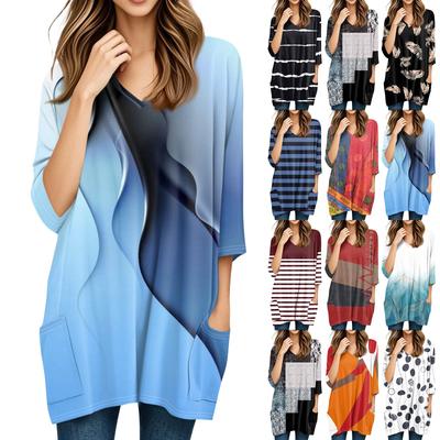 Женские топы с V-образным вырезом и рукавом 3/4 Блузки Повседневные рубашки средней длины Модные принты Туники Топы с карманами