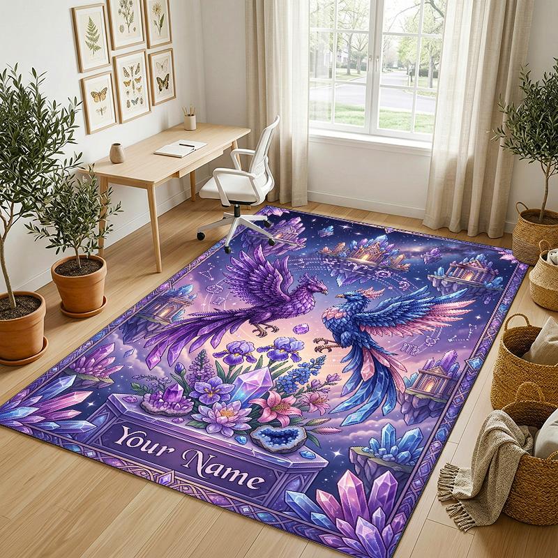 Dragon Phoenix Theme Crystal Velvet Rug Personalized Custom Name Text Soft Floor Mat Home Decor