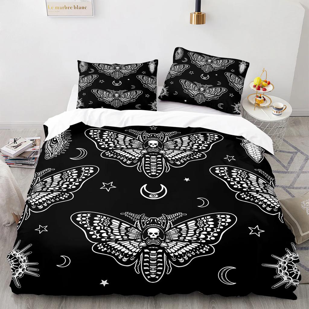 Комплект постельного белья Death Moth Queen Size Gothic Skull Boho, черно-белый декоративный мягкий комплект постельного белья с изображением скелета