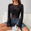 Весенняя женская элегантная черная прозрачная футболка с деревянной отделкой ушей и принтом паутины