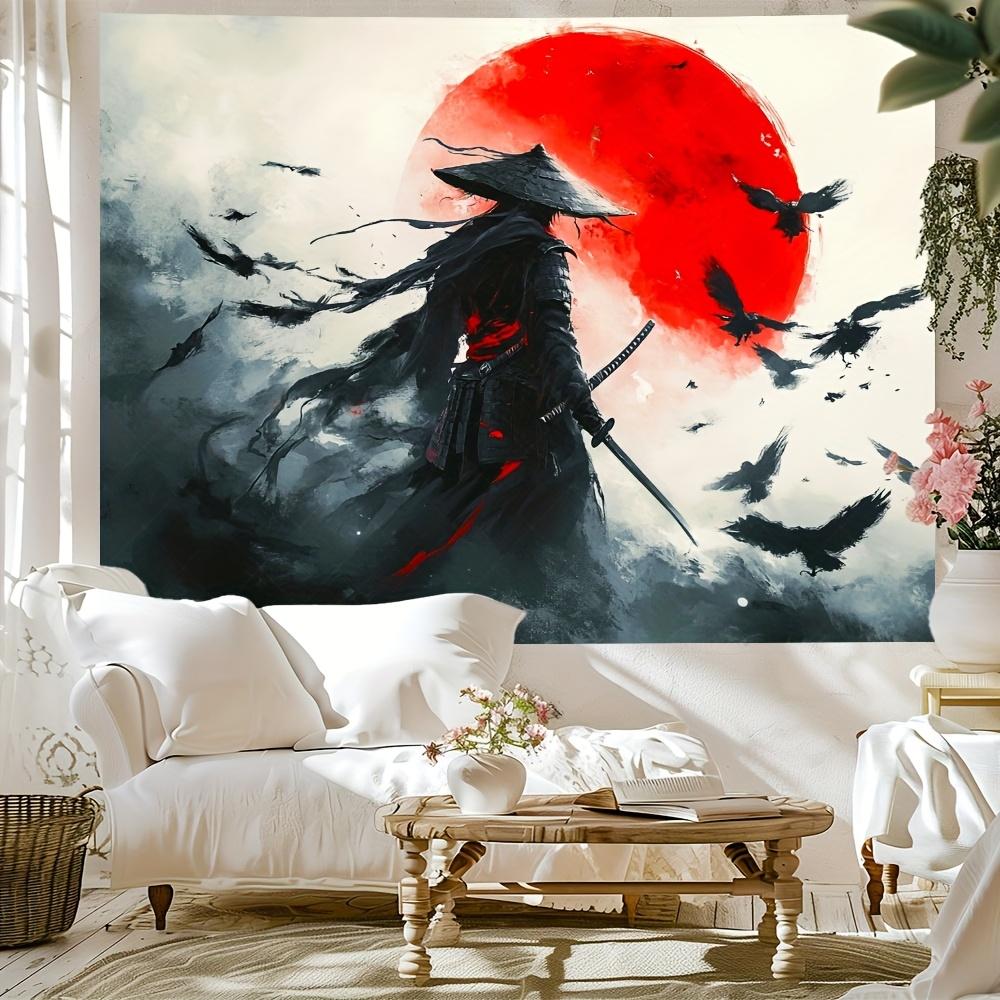 Samurai Warrior Tapestry  Red Sun Flying Crows Dramatic Clouds  Ancient Symbols for JapaneseInspired Home Decor Wall Art