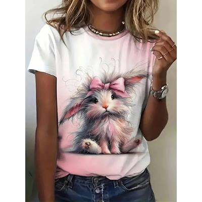 Женская летняя футболка с круглым вырезом и короткими рукавами в сочетании с повседневным топом с 3D аниме-рисунком и принтом кролика, дышащая, машинная стирка