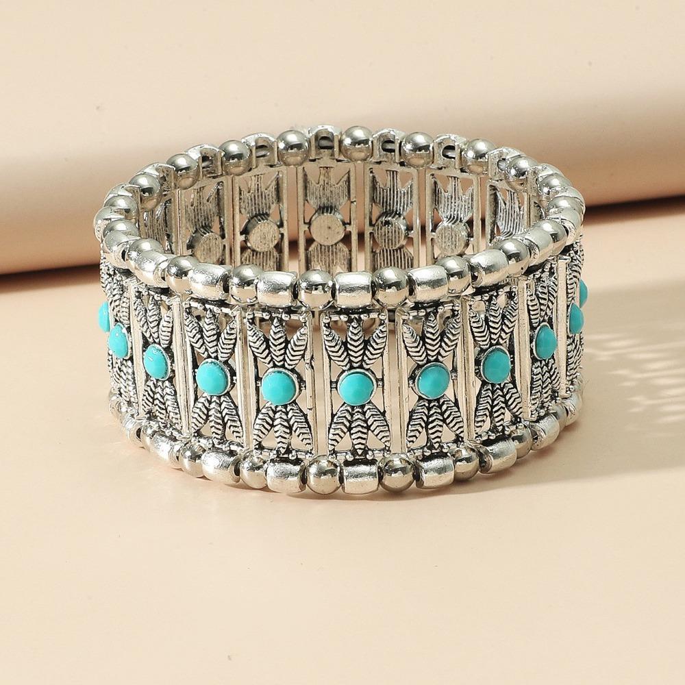 European and American Ethnic Style Personalized Retro Alloy Turquoise Elastic Bracelet Women's Bohemian Bracelet Jewelry