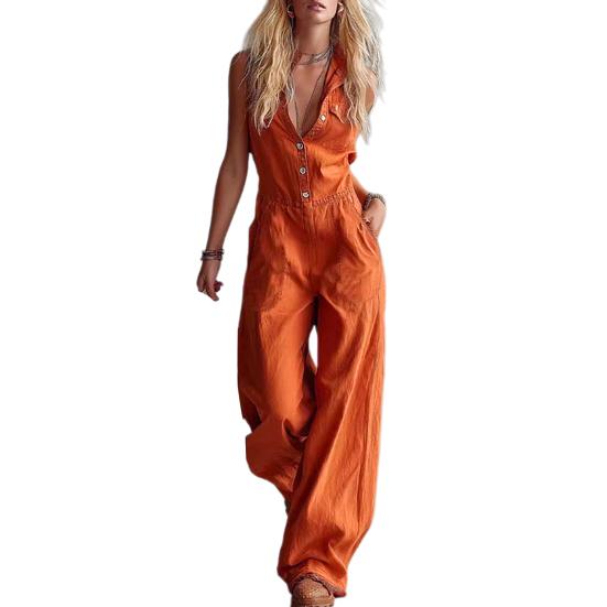 Summer Women Jumpsuit V Neck Sleeveless Front Button Casual Loose Wide Leg Pants Ladies Long Romper Overall with Dual