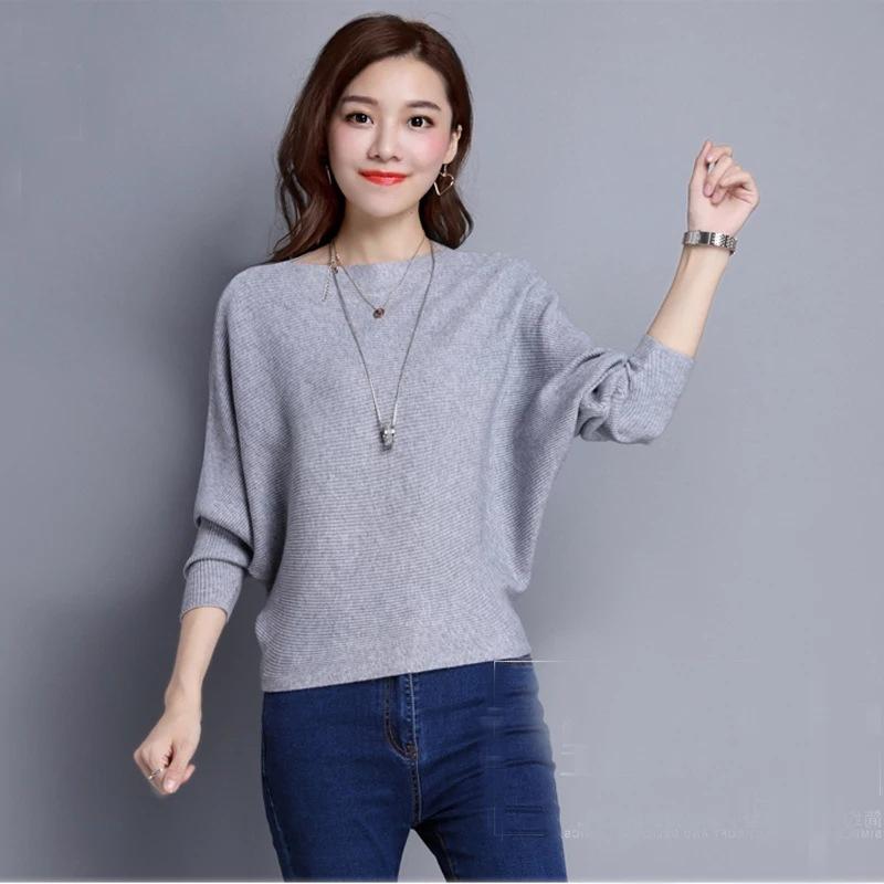 Bat Sleeve Sweater Spring and Autumn Solid Color Pullover Short Long Sleeved Knitted Sweater