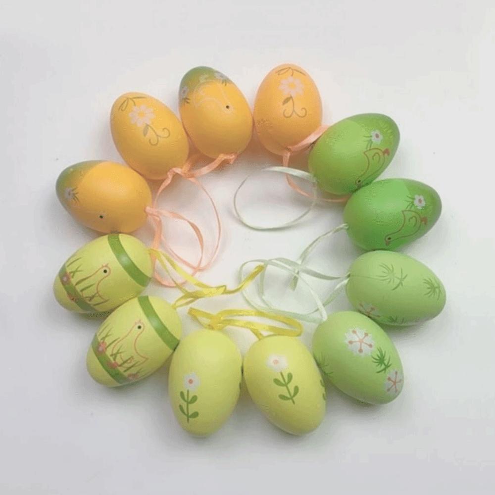 12Pcs/Set Cartoon Easter Hand Painted Egg Easter Egg Artificial Egg Pendant  Party Decoration