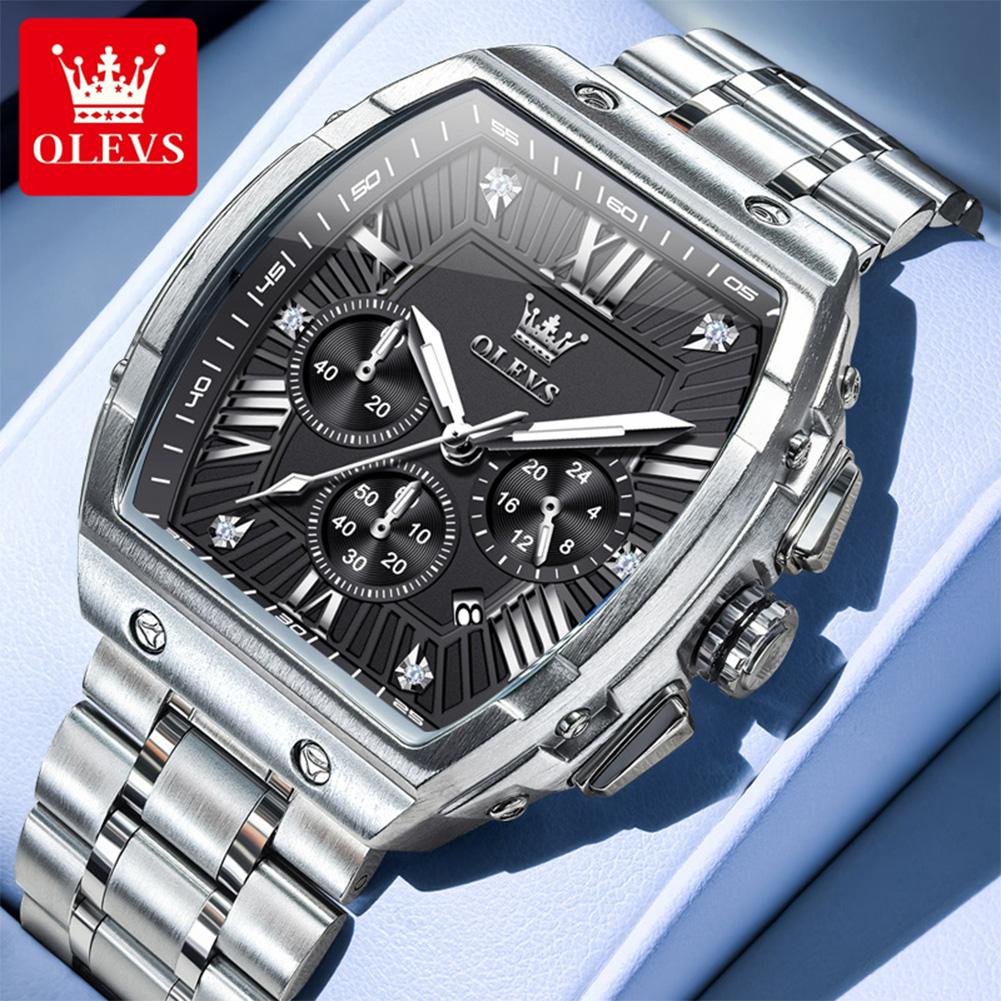 OLEVS Men's Watches Luxury Fashion Tonneau Dial Stainless Steel Original Brand Quartz Wristwatch for Man Waterproof Chronograph
