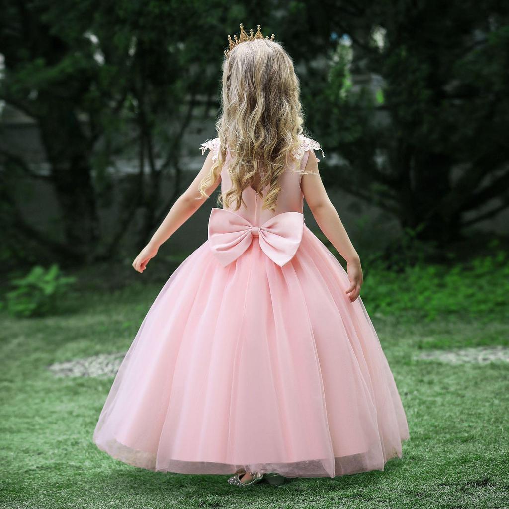 Flower Girls Dress Lace White Bow Girl Dress Christmas Costume Sequins Bridemide Gown Wedding Party Princess Dress for Girls First Communion